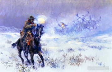 Noël œuvres - Cow-boy voir le père Noël assis renne traîneau 1910 Charles Marion Russell
